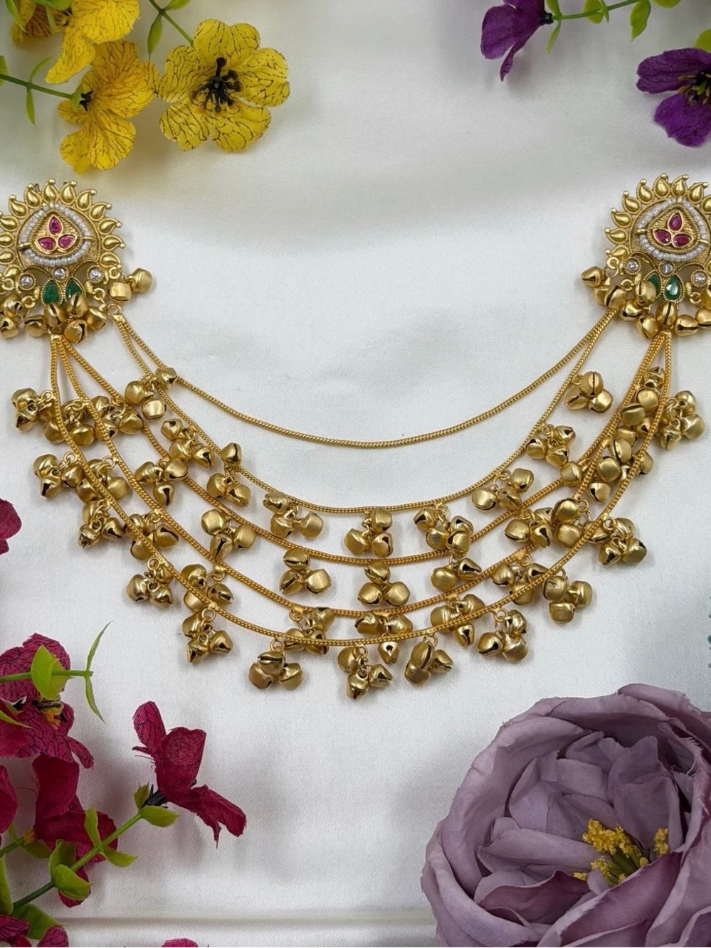 Gold-Tone Layered Jingle Bell Necklace with Pink & Green Accents